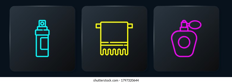 Set line Perfume,  and Towel on a hanger. Black square button. Vector