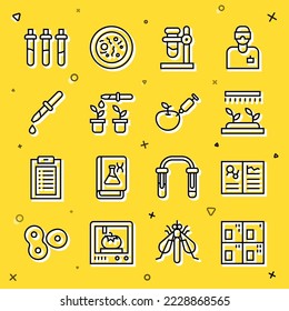 Set line Periodic table, Clinical record, Automatic irrigation sprinklers, Test tube flask stand, Pipette plant, Reagent bottle and Genetically modified apple icon. Vector