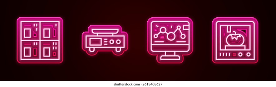 Set line Periodic table, Electronic scales, Genetic engineering modification and 3D printing technology. Glowing neon icon. Vector