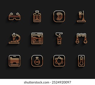 Set line Periodic table, Test tube and flask, Safety goggle glasses, Formula of benzene rings, Medical thermometer, Chemical online,  and  icon. Vector