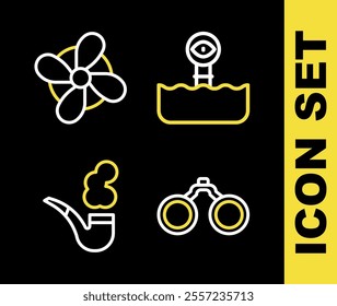 Set line Periscope, Binoculars, Smoking pipe and Boat propeller icon. Vector