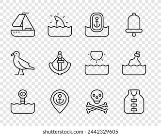 Set line Periscope, Life jacket, Location with anchor, Yacht sailboat, Anchor, Skull crossbones and Bottle message in water icon. Vector