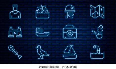 Set line Periscope, Smoking pipe, Jellyfish, Cargo ship, Binoculars, Sailor captain, First aid kit and Sinking cruise icon. Vector