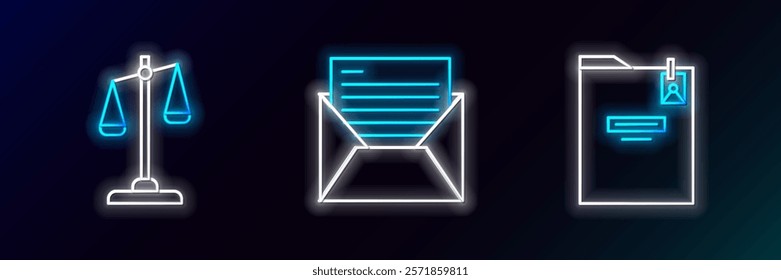 Set line Personal folder, Scales of justice and Mail and e-mail icon. Glowing neon. Vector