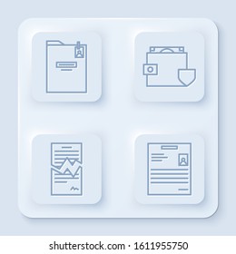 Set line Personal folder, Wallet and money with shield, Torn contract and Personal document. White square button. Vector