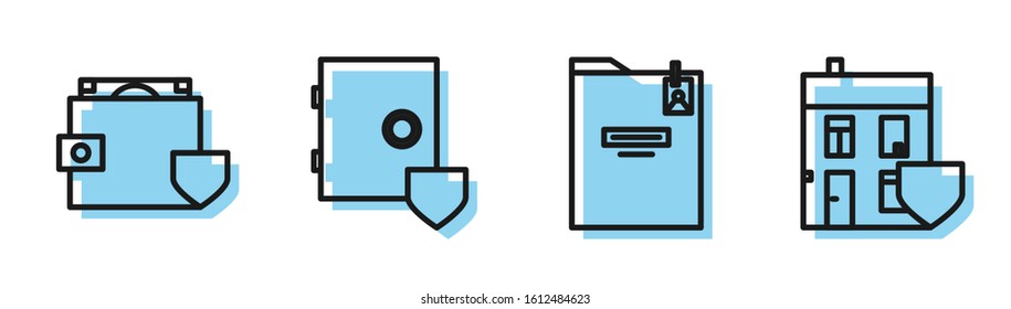 Set line Personal folder, Wallet and money with shield, Safe with shield and House with shield icon. Vector
