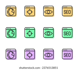 Set line Personal information collection, Worldwide, Target financial goal and SEO optimization icon. Vector