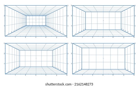 Set line perspective grid. Background for 3d interior room vector illustration. Frontal one-point view dimension wireframe.