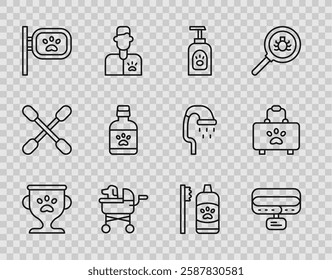 Set line Pet award, Collar with name tag, shampoo, stroller, grooming, Dog medicine bottle, Dental hygiene for pets and first aid kit icon. Vector