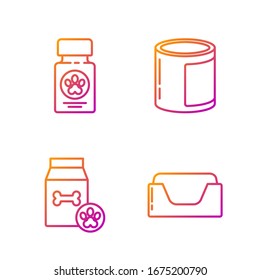 Set line Pet bed, Bag of food for pet, Dog medicine bottle and pills and Canned food. Gradient color icons. Vector