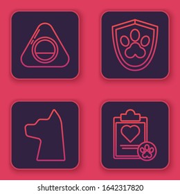 Set line Pet bed, Cat, Animal health insurance and Clipboard with medical clinical record pet. Blue square button. Vector