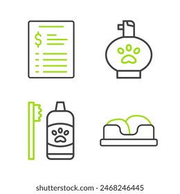 Set line Pet bed, Dental hygiene for pets, shampoo and Grooming salon price list icon. Vector
