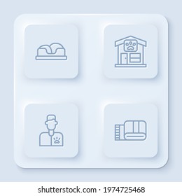 Set line Pet bed, grooming, Veterinarian doctor and Towel stack. White square button. Vector