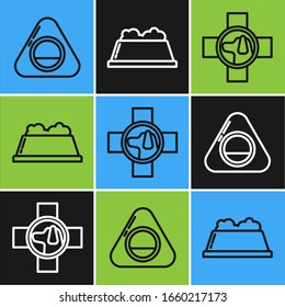 Set line Pet bed, Veterinary clinic symbol and Pet food bowl icon. Vector