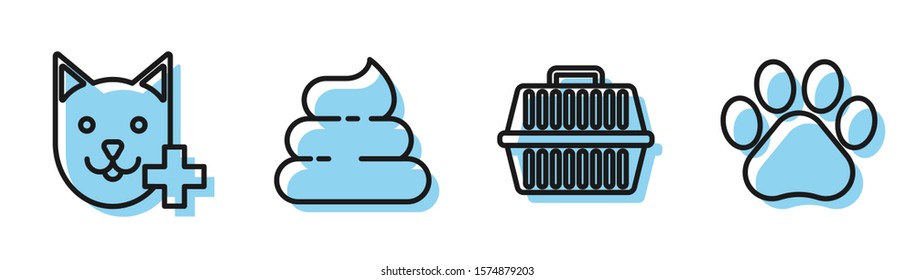 Set line Pet carry case, Veterinary clinic symbol, Shit and Paw print icon. Vector