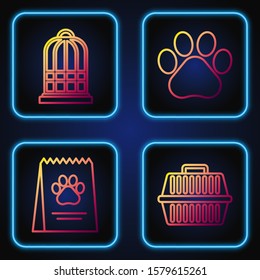 Set line Pet carry case, Bag of food for dog, Cage for birds and Paw print. Gradient color icons. Vector