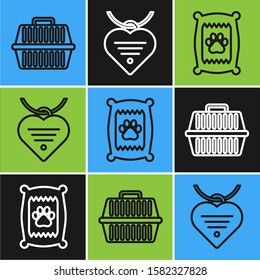 Set line Pet carry case, Bag of food for dog and Collar with name tag and heart icon. Vector