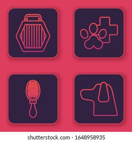 Set line Pet carry case, Hair brush for dog and cat, Veterinary clinic symbol and Dog. Blue square button. Vector
