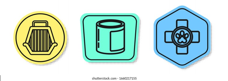 Set line Pet carry case, Canned food and Veterinary clinic symbol. Colored shapes. Vector