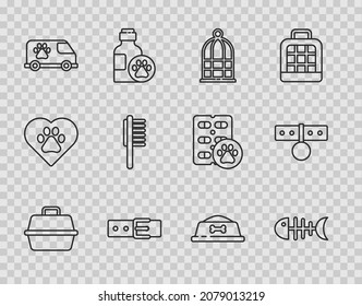 Set line Pet carry case, Fish skeleton, Cage for birds, Collar with name tag, Veterinary ambulance, Pets vial medical, food bowl and  icon. Vector