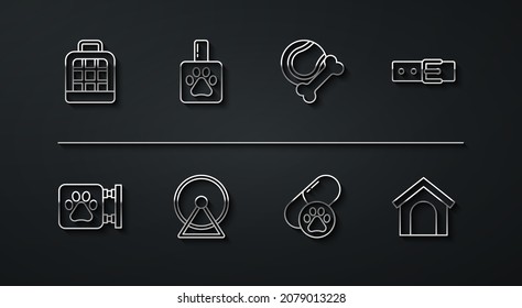Set line Pet carry case, Veterinary clinic, Collar with name tag, Dog pill, Hamster wheel, shampoo, house and toys bone rubber and ball icon. Vector