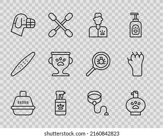 Set Line Pet Carry Case, Shampoo, Veterinarian Doctor, Dog Muzzle, Award, Retractable Cord Leash And Paw Print Icon. Vector