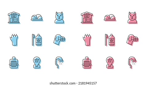 Set Linie Haustier-Koffer, Lage Haustierzucht, Dusche, Zahnpflege für Haustiere, Hunde-Maultier, Pfotendruck und Bettsymbol. Vektorgrafik