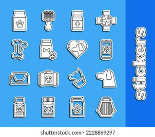 Set line Pet carry case, Dog, Online veterinary clinic symbol, medicine bottle and pills, Bag of food for pet, bone,  and Heart with dog icon. Vector