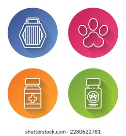 Set line Pet carry case, Paw print, Dog medicine bottle and pills and Dog medicine bottle and pills. Color circle button. Vector