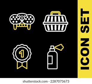 Set line Pet carry case, shampoo, Dog award symbol and Cat tooth icon. Vector