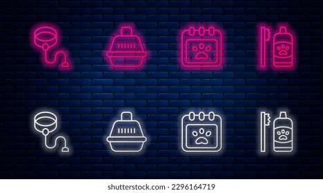 Set line Pet carry case, Calendar grooming, Retractable cord leash and Dental hygiene for pets. Glowing neon icon on brick wall. Vector