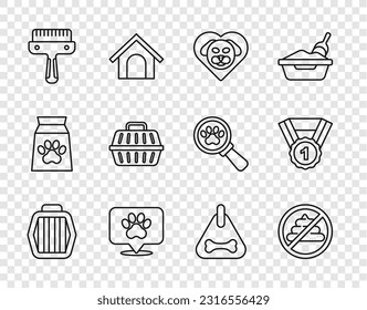 Fijar la línea Cargador de mascotas, Sin mierda, Corazón con perro, Hospital veterinario de la ubicación, Pincel de pelo para y para, Collar de perro e icono del símbolo de premio. Vector