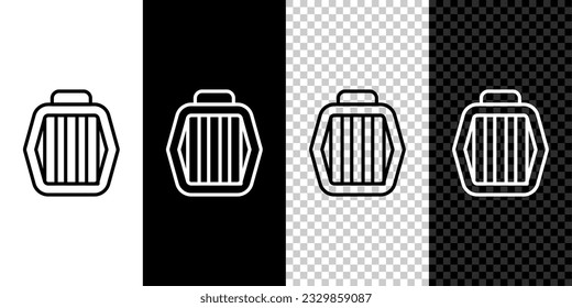 Set line Pet carry case icon isolated on black and white, transparent background. Carrier for animals, dog and cat. Container for animals. Animal transport box.  Vector