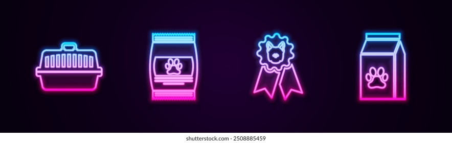Set line Pet carry case, Bag of food for pet, Dog award symbol and . Glowing neon icon. Vector