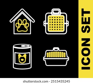 Set line Pet carry case, Canned food for dog and Dog house and paw print pet icon. Vector