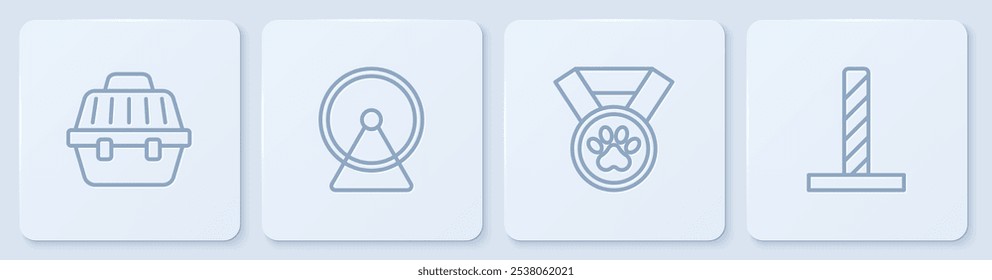 Set line Pet carry case, award symbol, Hamster wheel and Cat scratching post with toy. White square button. Vector