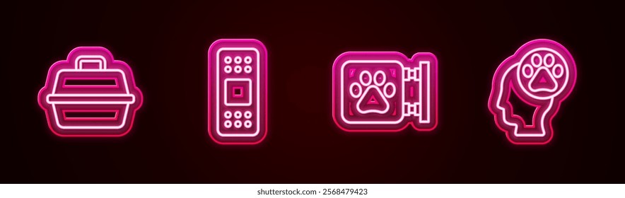 Set line Pet carry case, Bandage plaster, Veterinary clinic and Human with animals footprint. Glowing neon icon. Vector