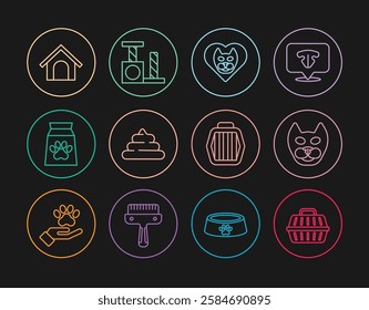 Set line Pet carry case, Cat, Heart with cat, Shit, Bag of food for pet, Dog house,  and scratching post icon. Vector