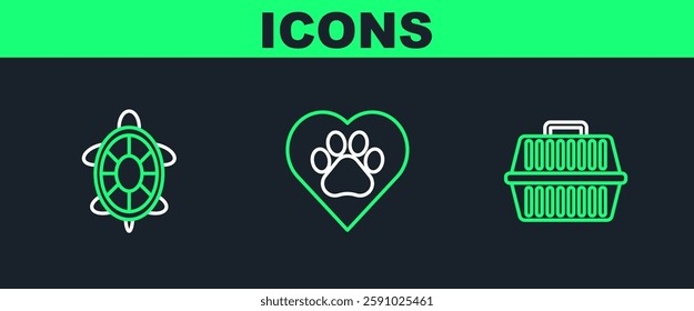 Set line Pet carry case, Turtle and Heart with animals footprint icon. Vector