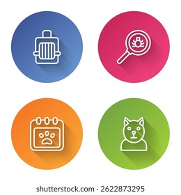 Set line Pet carry case, Flea search, Calendar grooming and Cat. Color circle button. Vector