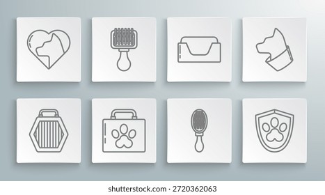 Set line Estuche de transporte para mascotas, cepillo de pelo para perro y gato, kit de primeros auxilios, seguro de salud animal, cama, gato y corazón con icono. Vector