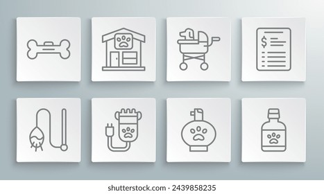 Set line Pet cat toy, grooming, Hair clipper pet, shampoo, Dog medicine bottle, stroller, Grooming salon price list and bone icon. Vector