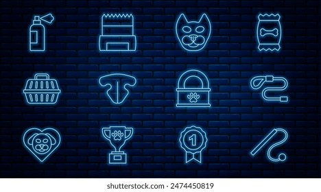 Juego de línea Juguete para mascotas, correa de cordón retráctil, gato, nariz, maleta de transporte, champú, comida enlatada y mierda de perro en el icono de bolsa. Vector