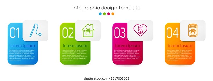 Set line Pet cat toy, house, Heart with dog and Canned food. Business infographic template. Vector