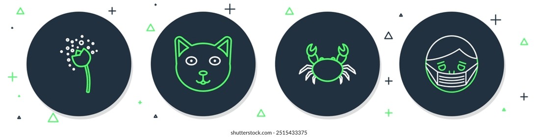 Set line Pet, Crab, Flower producing pollen and Face protective mask icon. Vector