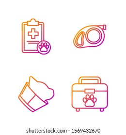 Set line Pet first aid kit, Veterinary clinic symbol, Clipboard with medical clinical record pet and Retractable cord leash with carabiner. Gradient color icons. Vector