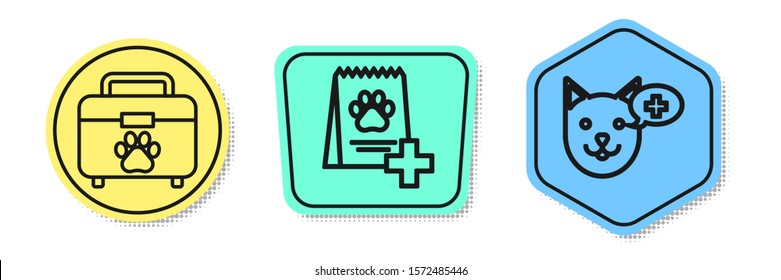 Set line Pet first aid kit, Bag of food for dog and Veterinary clinic symbol. Colored shapes. Vector