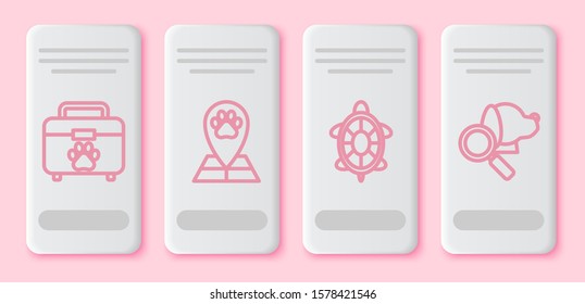 Set line Pet first aid kit, Map pointer with veterinary medicine hospital, Turtle and Veterinary clinic symbol. White rectangle button. Vector