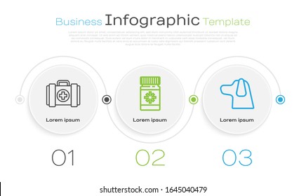 Set line Pet first aid kit, Dog medicine bottle and pills and Dog. Business infographic template. Vector