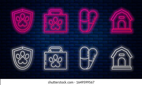 Set line Pet first aid kit, Dog and pills, Animal health insurance and Dog house. Glowing neon icon on brick wall. Vector